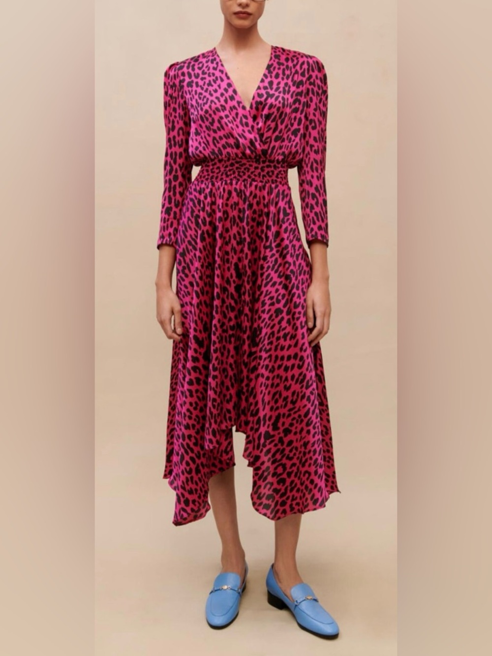 Maje Hot Pink and Black Leopard-Print High-Low Midi Dress